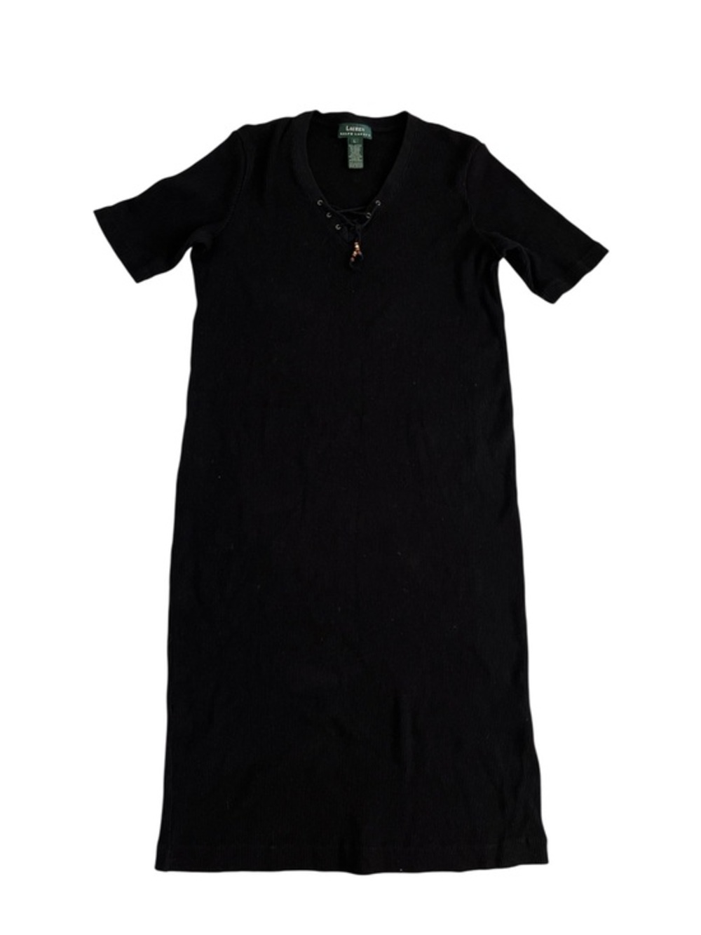 Vintage Ralph Lauren Black Short-Sleeve Lace-Up ribbed Knit Midi Dress